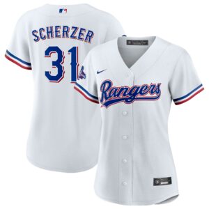 Women's Texas Rangers Max Scherzer Nike White Home 2023 World Series Champions Replica Player Jersey