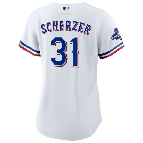 Women’s Texas Rangers Max Scherzer Nike White Home 2023 World Series Champions Replica Player Jersey